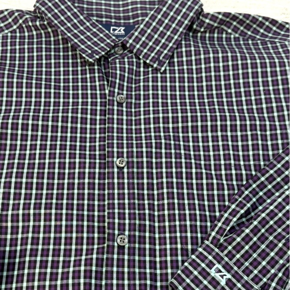 Cutter & Buck Purple Light Blue Plaid Mens 2XB Easy Care Button Down Long Sleeve
